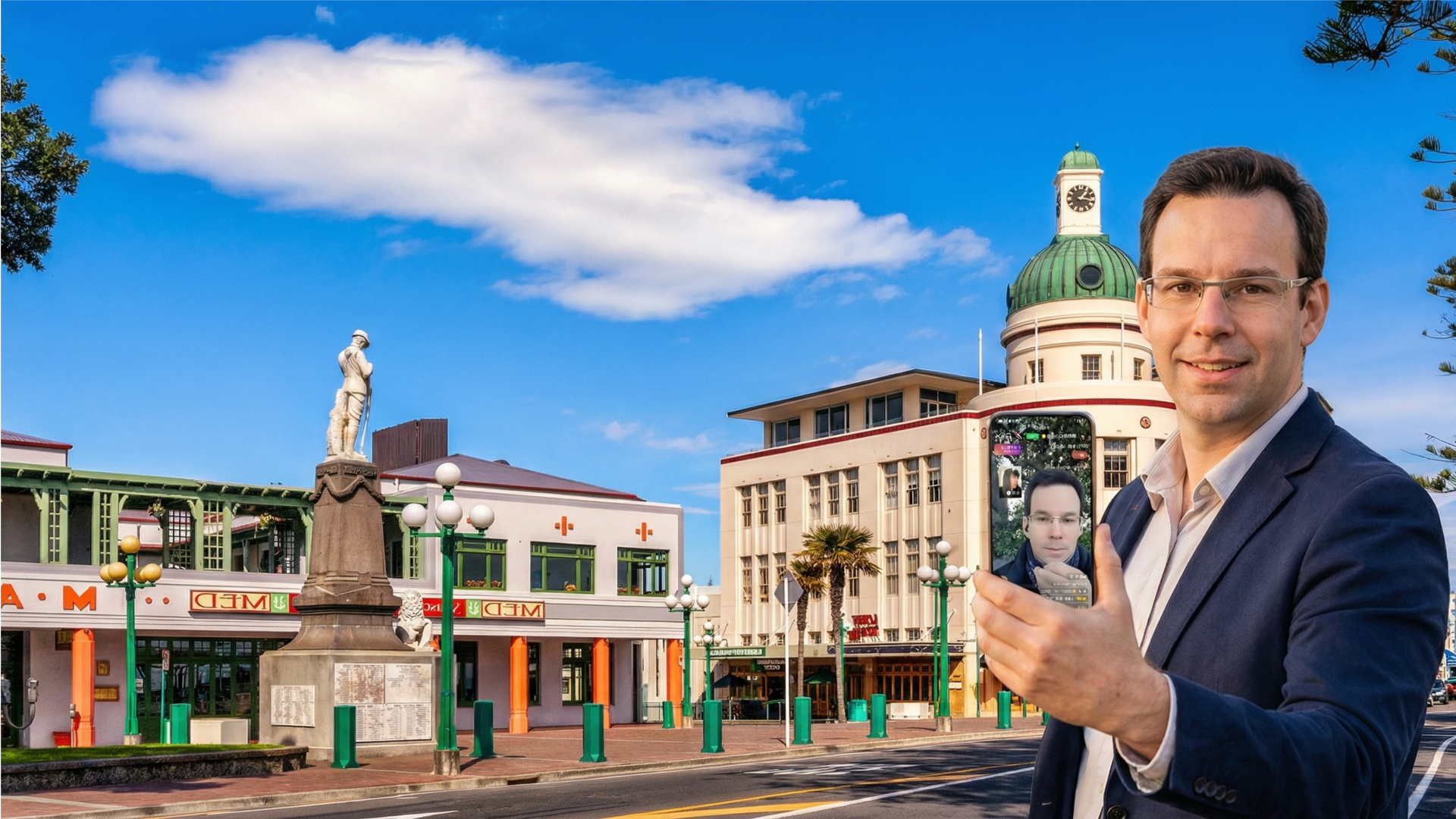 A man taking a selfie on a phone in front of Art Deco buildings in Napier